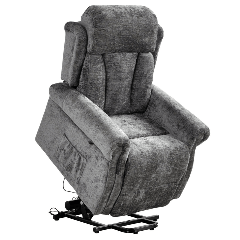 Gray upholstered lift chair on a white background