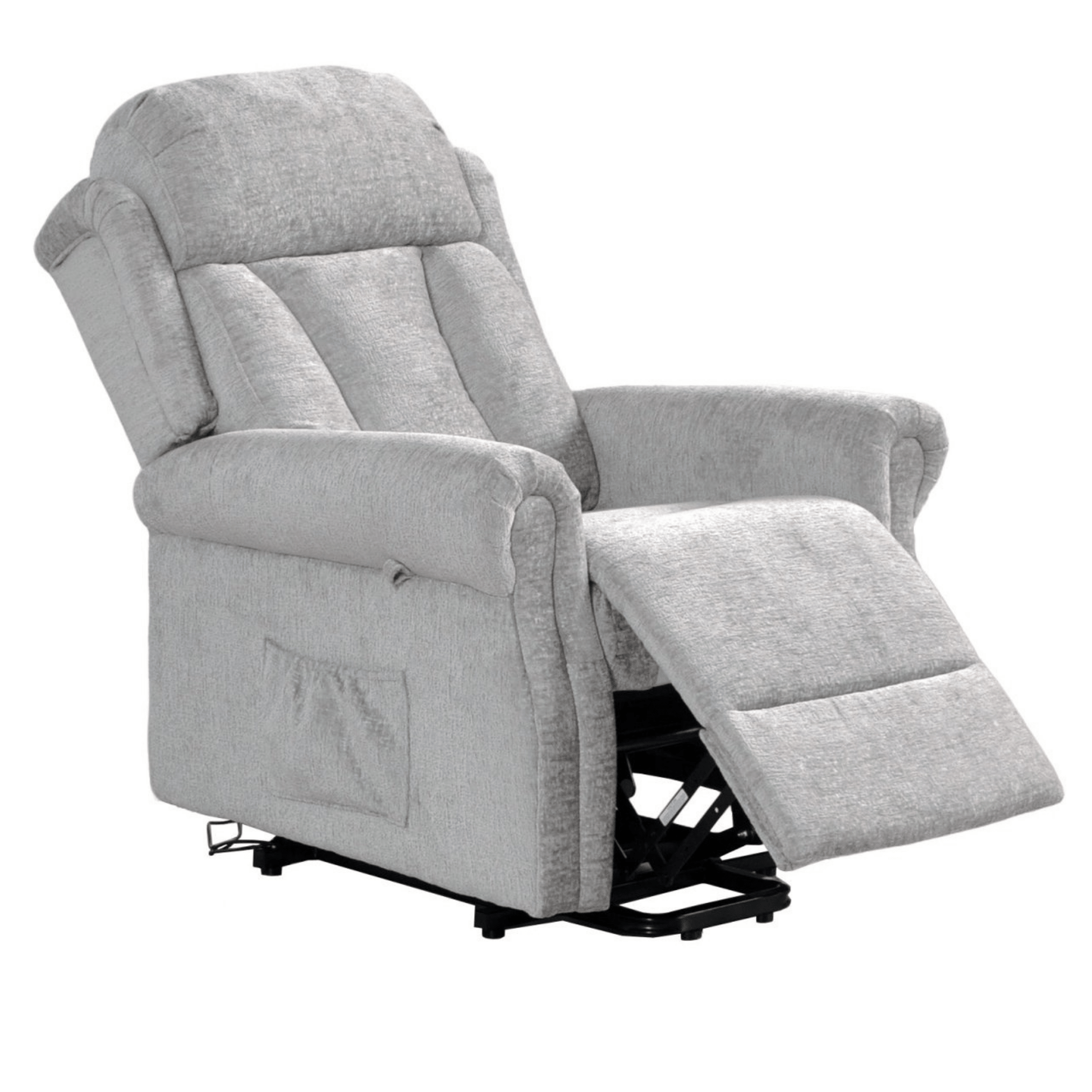 Gray recliner chair with lifting mechanism on a white background