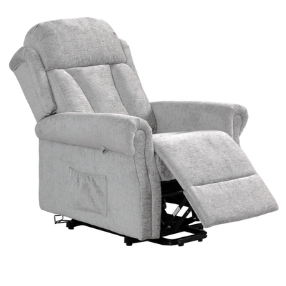 Gray recliner chair with lifting mechanism on a white background