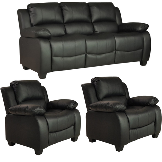 Valerie Black Leather Modern 3+1+1 Seater Sofa Set