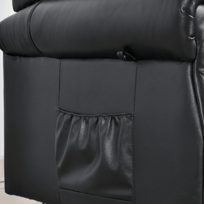 Close-up of a black leather recliner chair