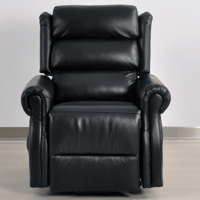 Black leather recliner chair on a light gray background