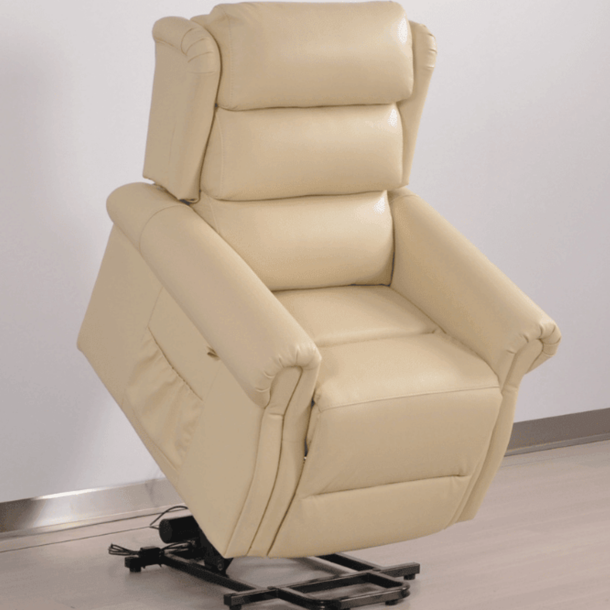 Beige recliner chair on a light gray floor with a white wall background