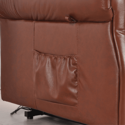 Close-up of a brown leather recliner chair with visible stitching.