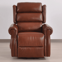 Brown leather recliner chair on a light gray background
