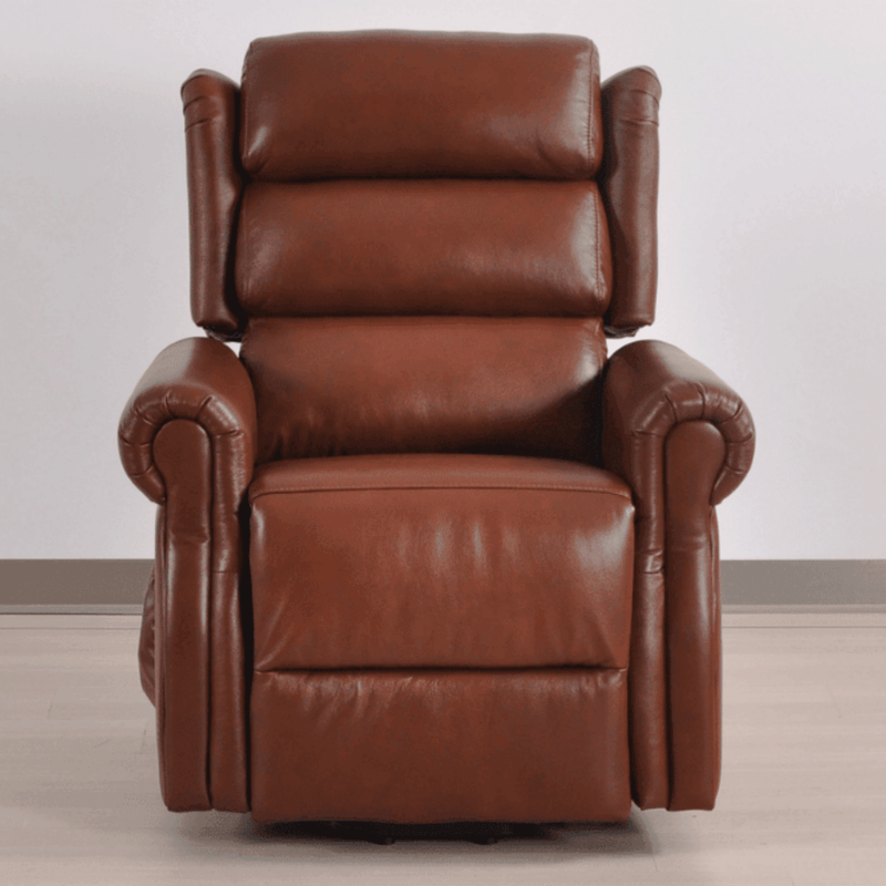 Brown leather recliner chair on a light gray background