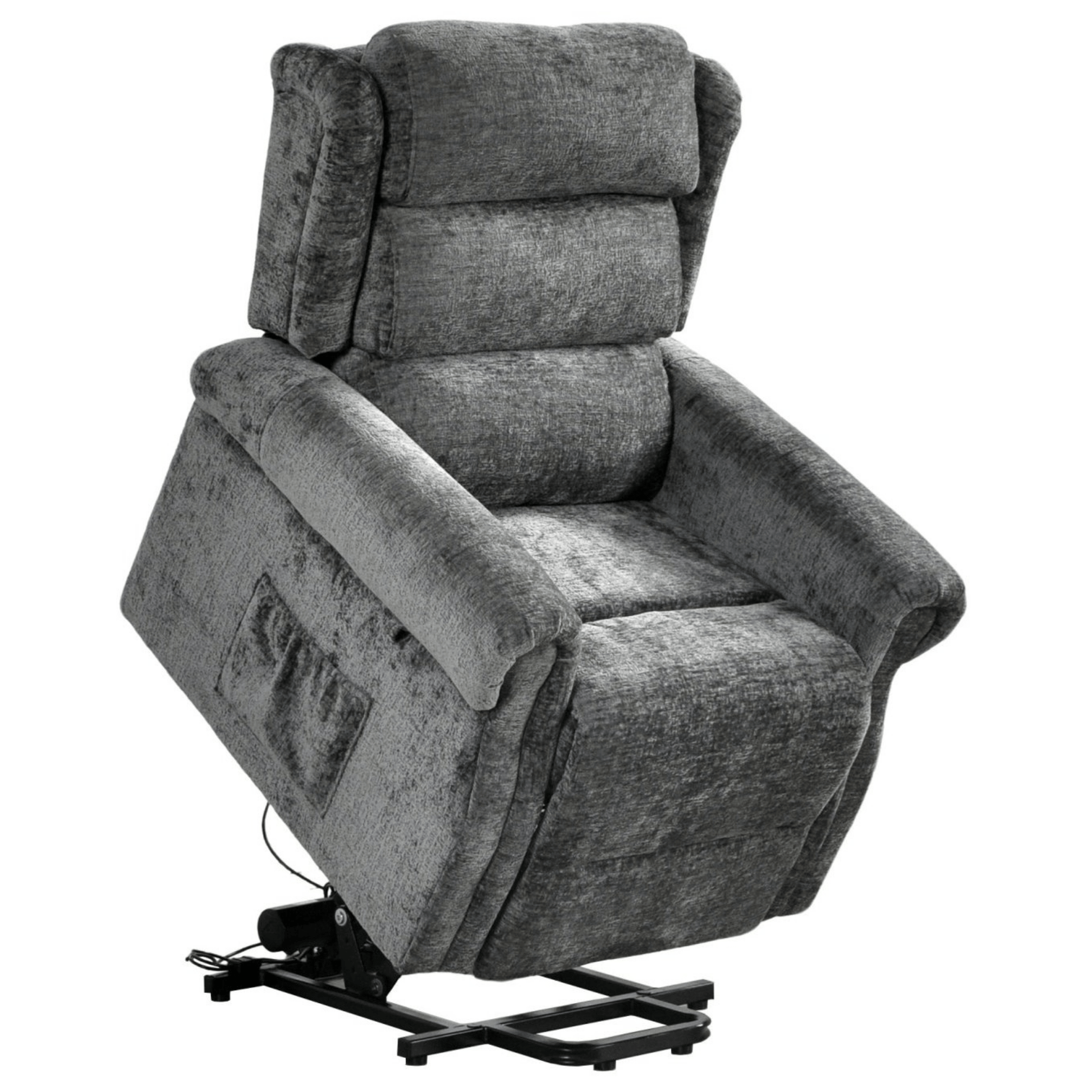 Gray recliner chair with lifting mechanism on a white background