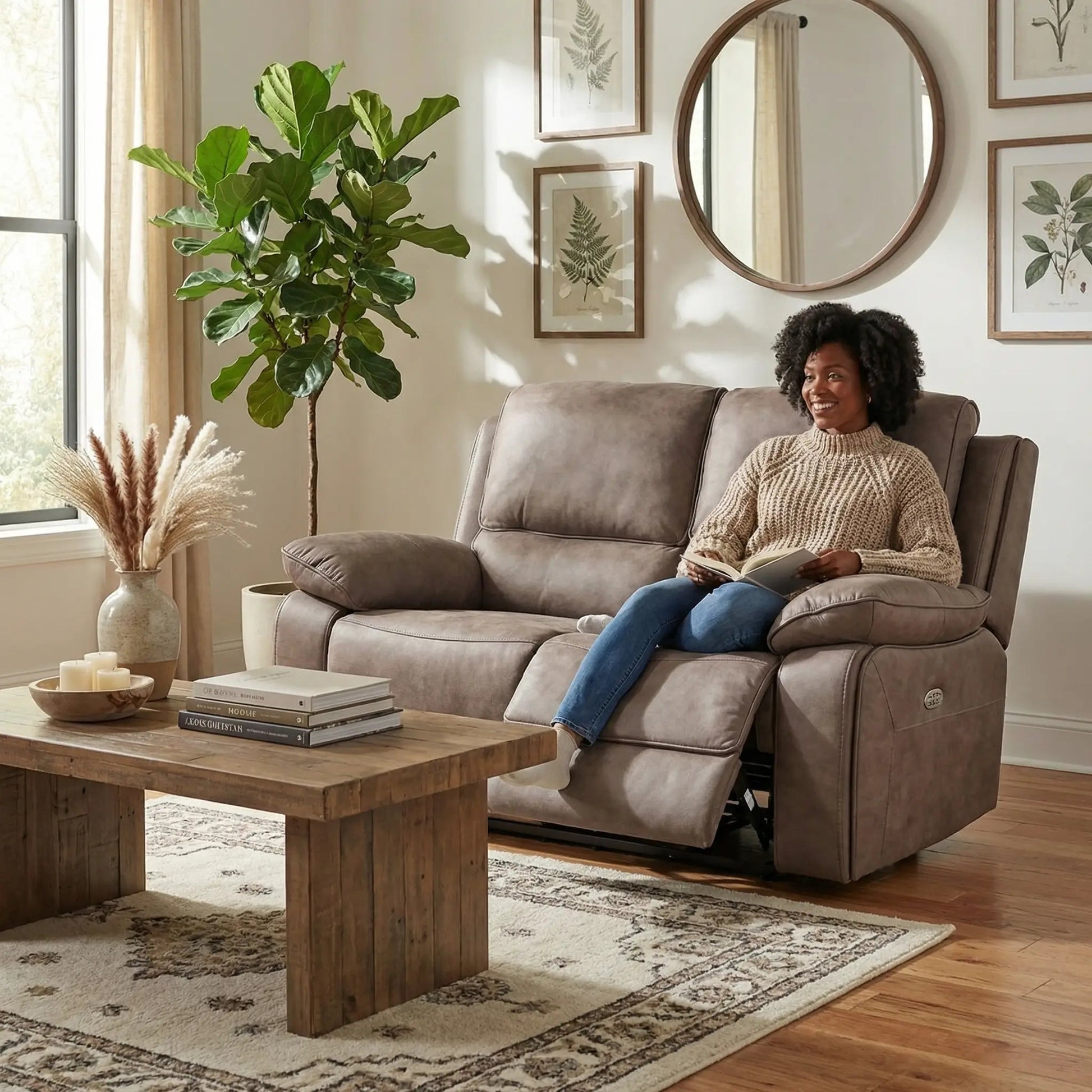 Maple Brown Suede Fabric Electric Recliner 2 Seater Sofa - Furniture Instore