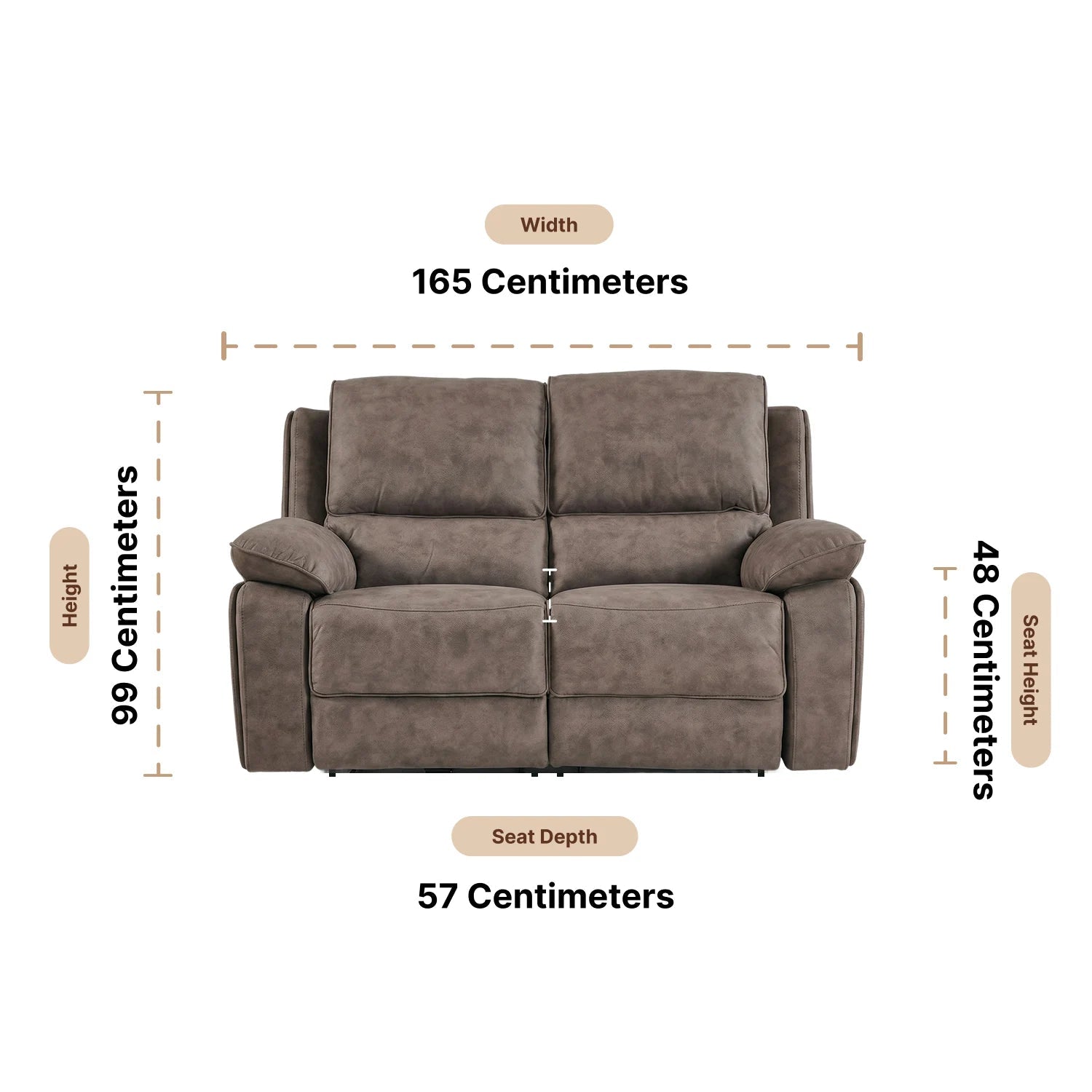 Maple Brown Suede Fabric Electric Recliner 2 Seater Sofa Dimensions