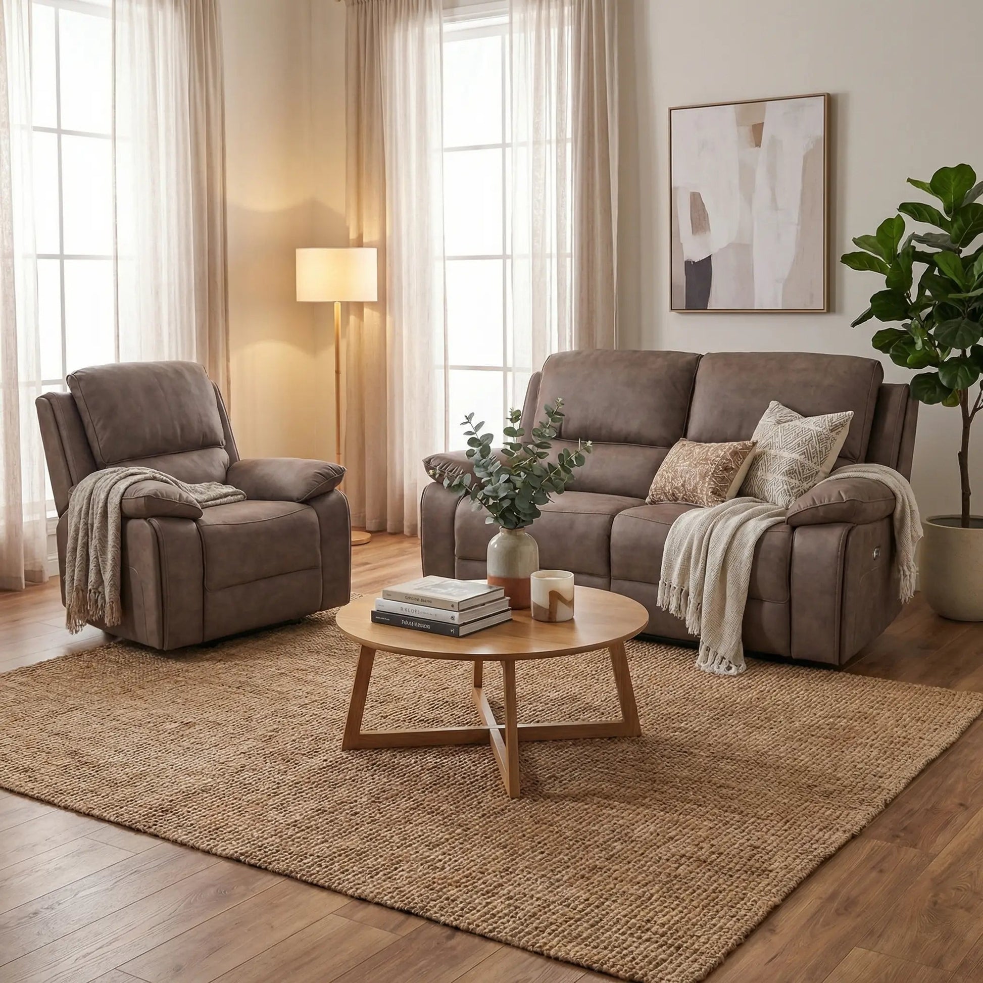 Maple Brown Suede Fabric Electric Recliner 2+1 Seater Sofa Set - Furniture Instore