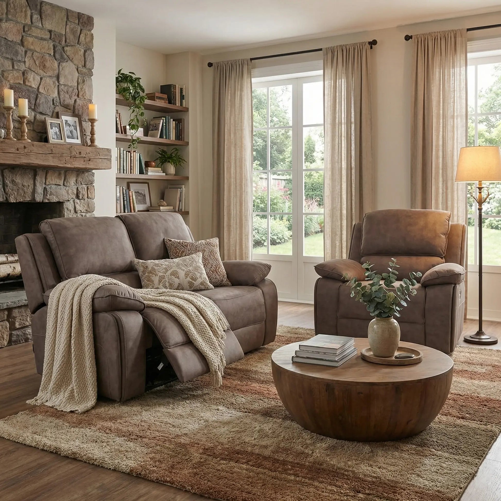 Maple Brown Suede Fabric Electric Recliner 2+1 Seater Sofa Set - Furniture Instore