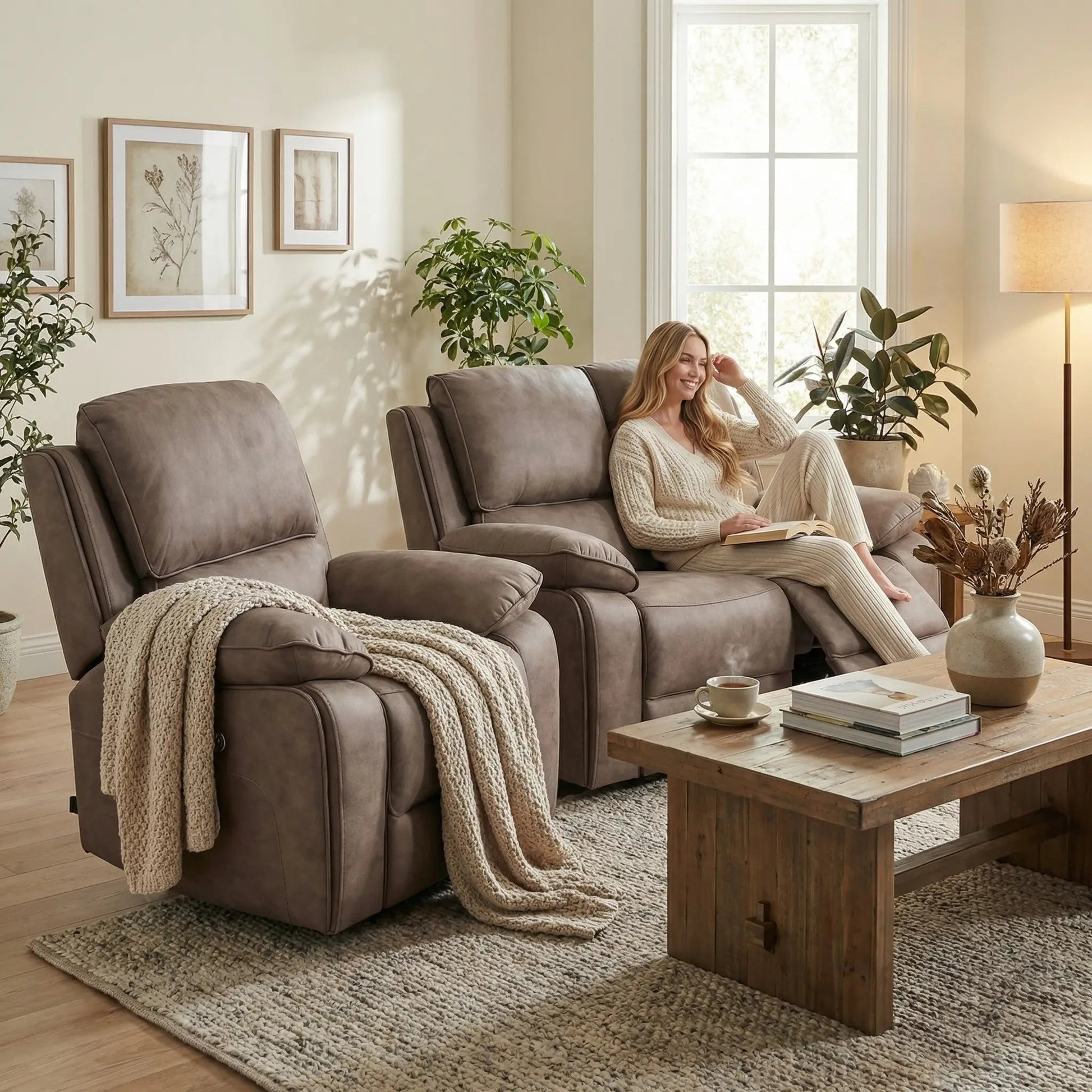Maple Brown Suede Fabric Electric Recliner 2+1 Seater Sofa Set - Furniture Instore