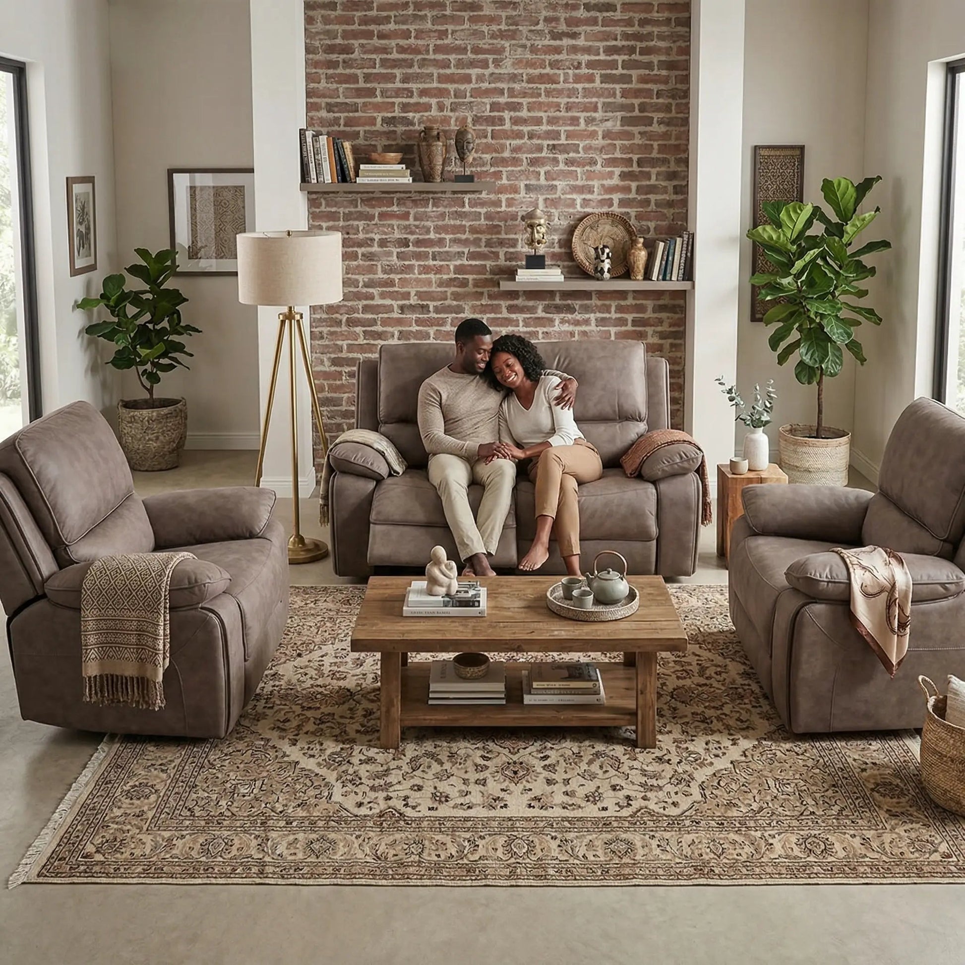 Maple Brown Suede Fabric Electric Recliner 2+1+1 Seater Sofa Set - Furniture Instore