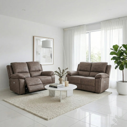 Maple Brown Suede Fabric Electric Recliner 2+2 Seater Sofa Set - Furniture Instore