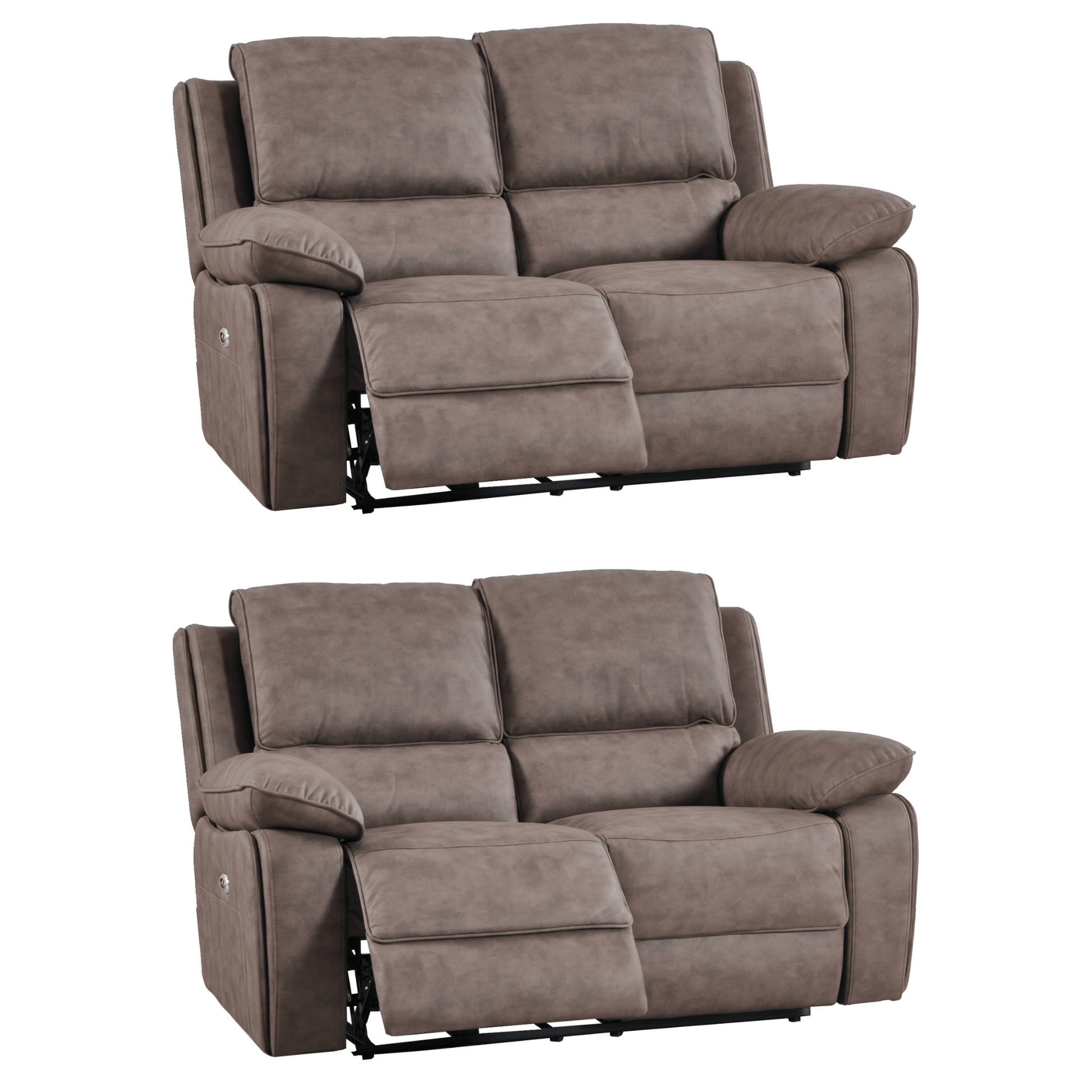 Two brown recliner sofas on a white background