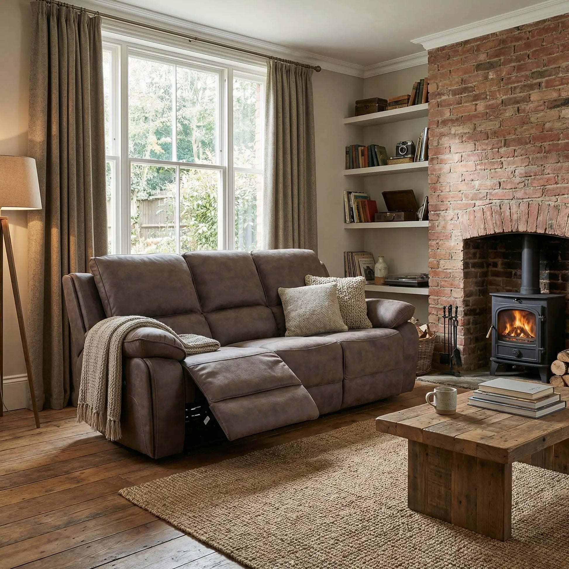 Maple Brown Suede Fabric Electric Recliner 3 Seater Sofa - Furniture Instore