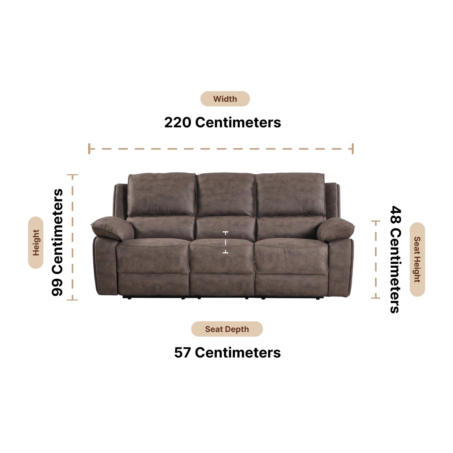 Maple Brown Suede Fabric Electric Recliner 3 Seater Sofa Dimensions