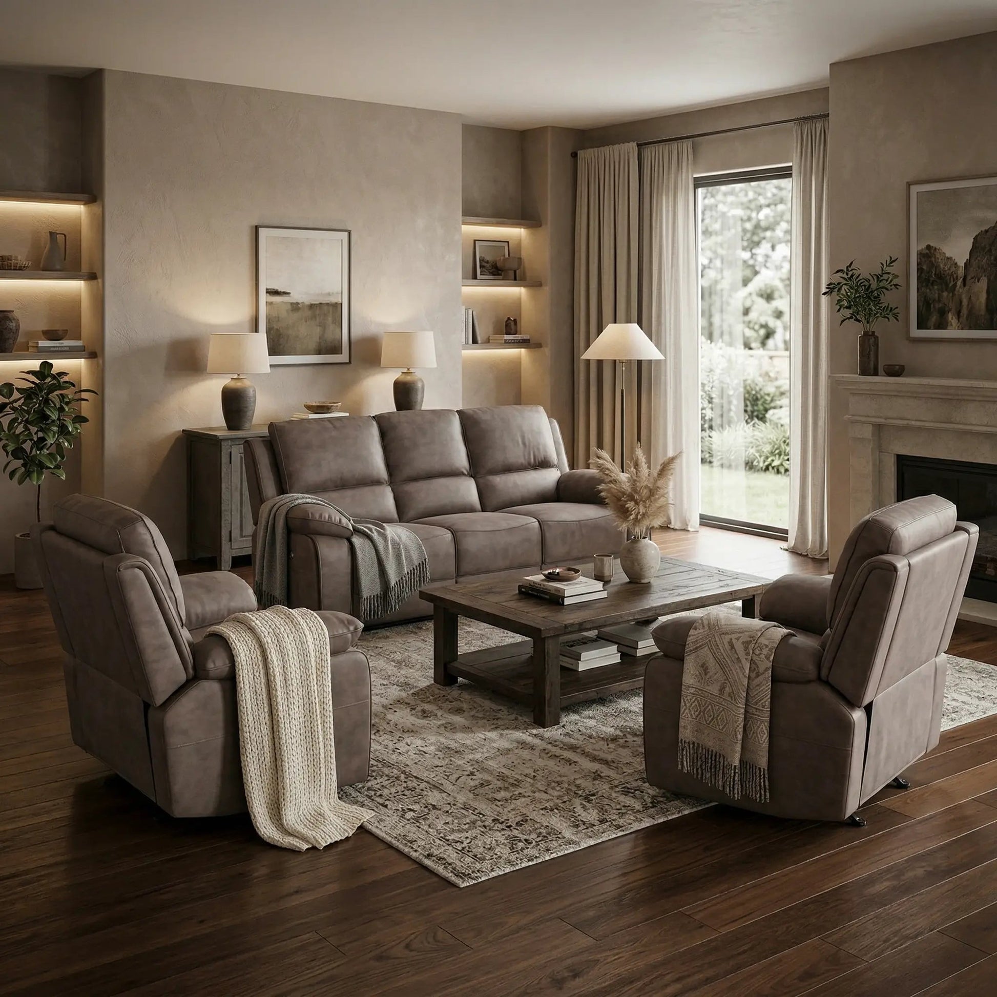 Maple Brown Suede Fabric Electric Recliner 3+1+1 Seater Sofa Set - Furniture Instore