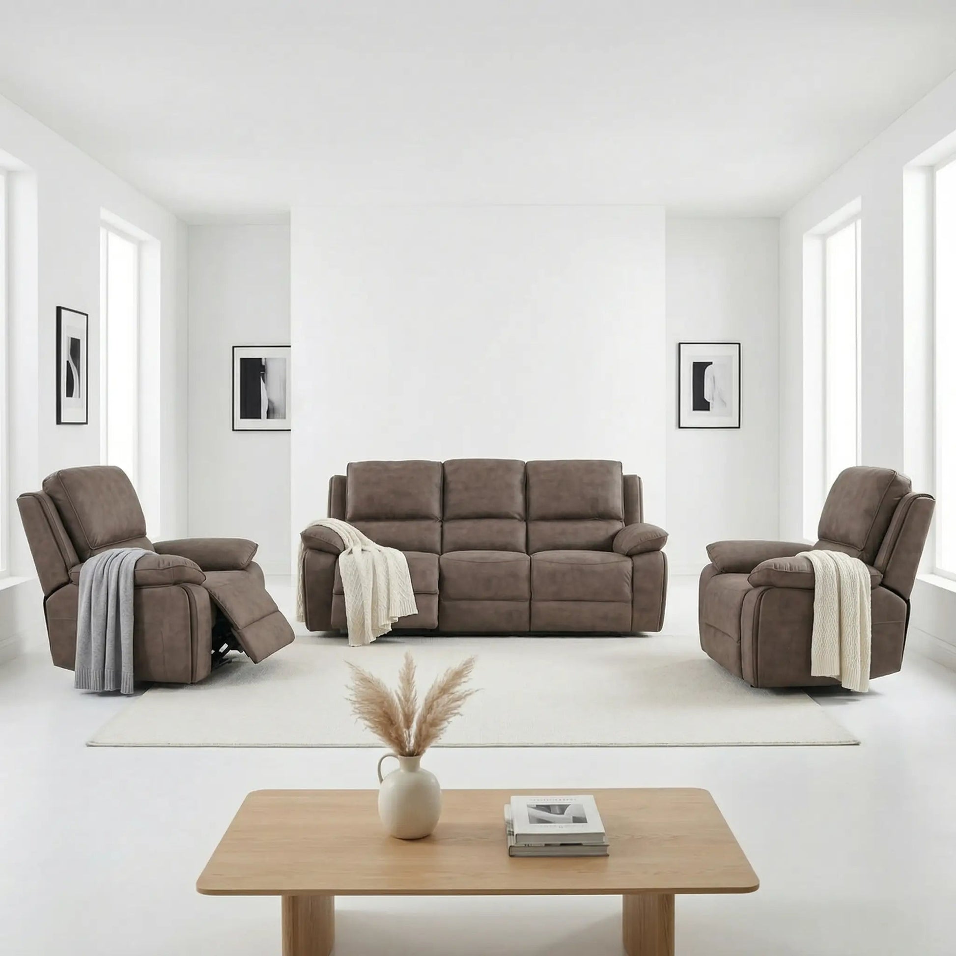 Maple Brown Suede Fabric Electric Recliner 3+1+1 Seater Sofa Set - Furniture Instore