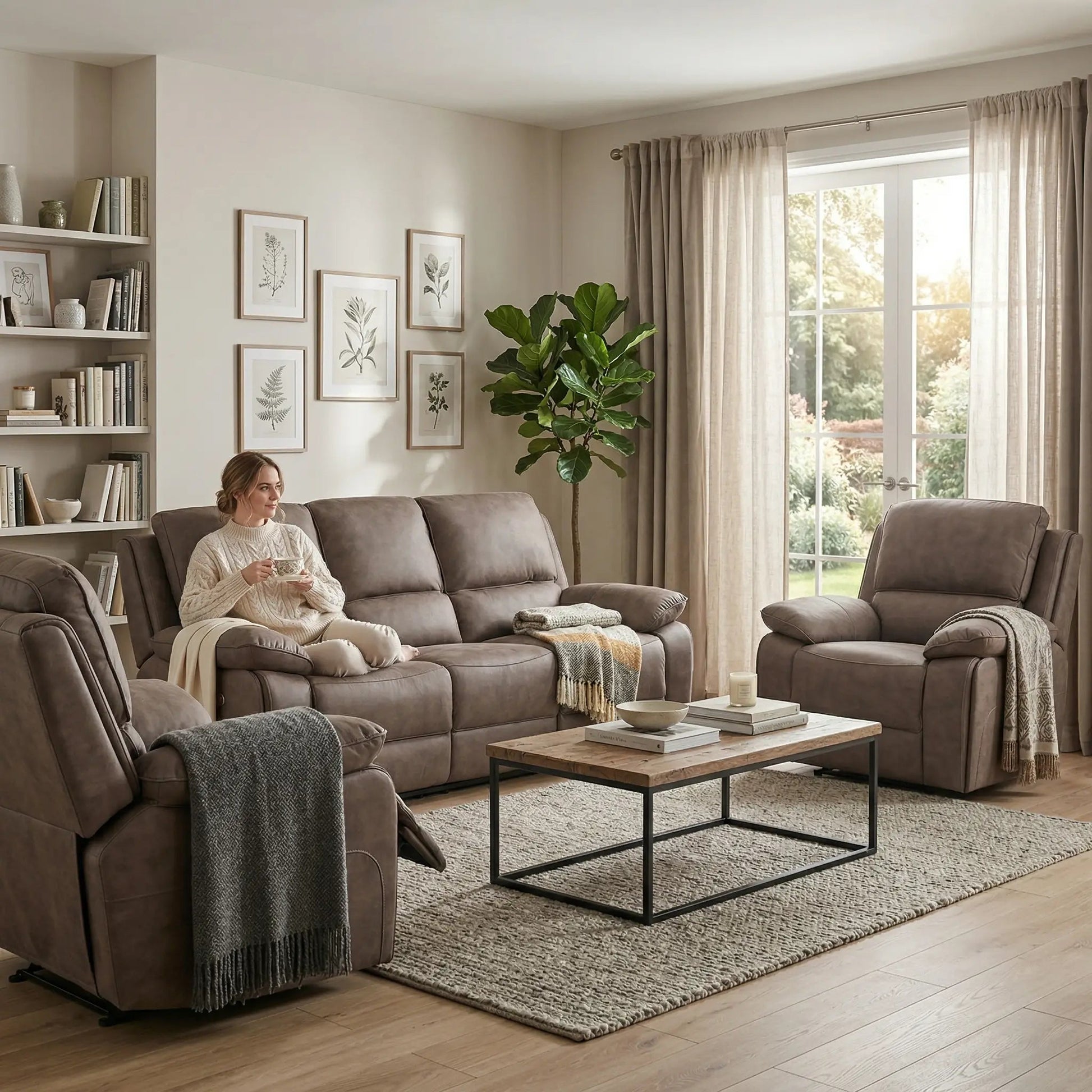 Maple Brown Suede Fabric Electric Recliner 3+1+1 Seater Sofa Set - Furniture Instore