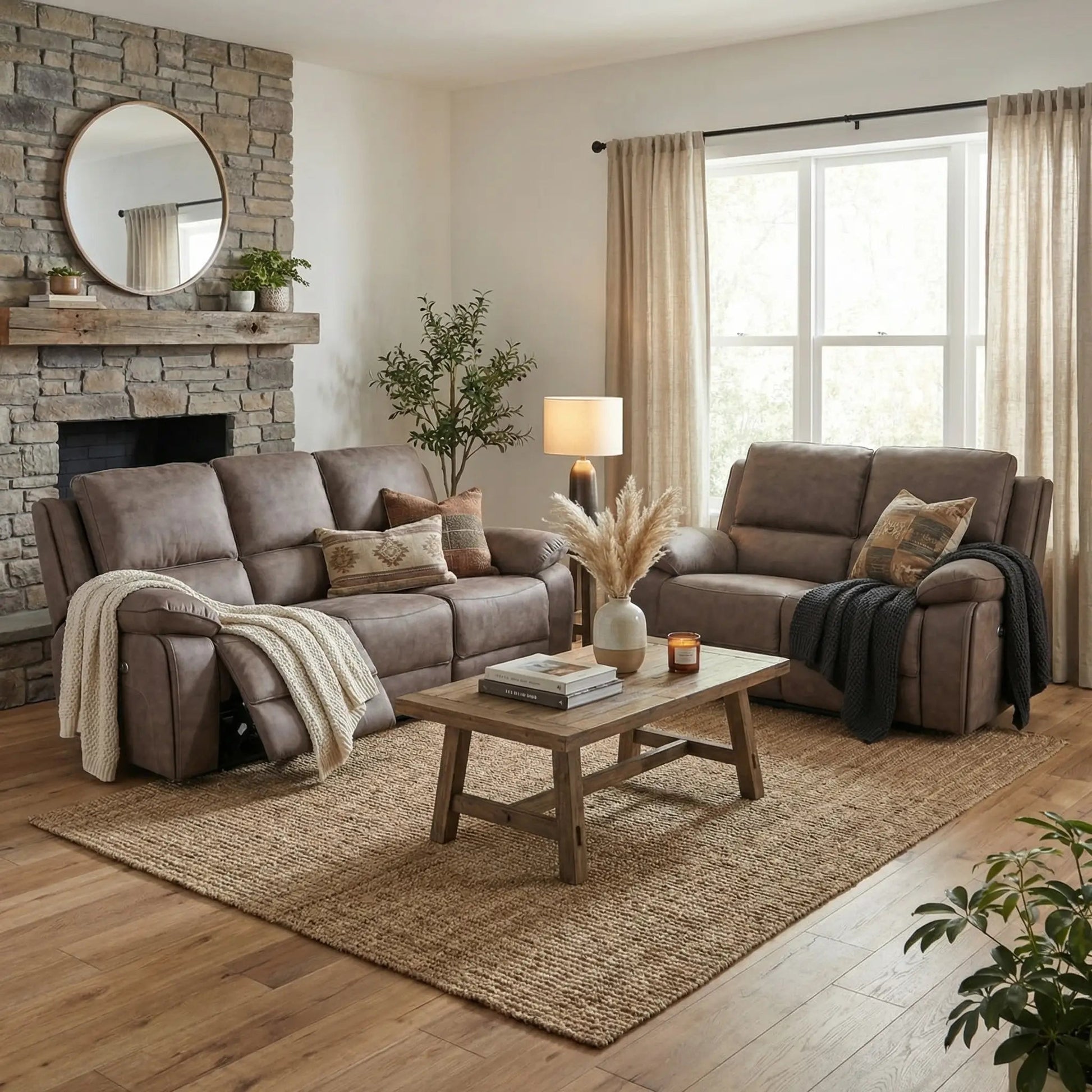 Maple Brown Suede Fabric Electric Recliner 3+2 Seater Sofa Set - Furniture Instore