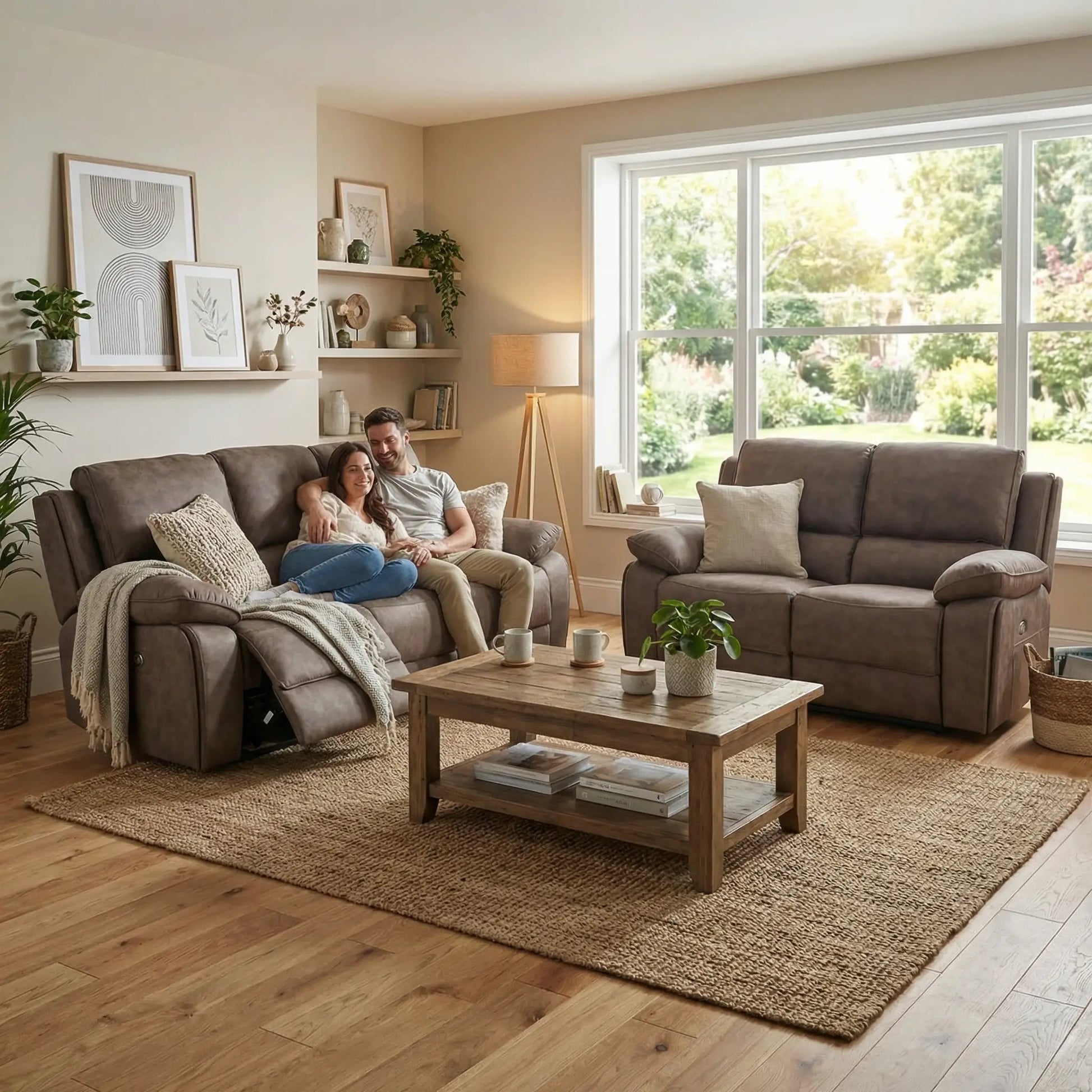 Maple Brown Suede Fabric Electric Recliner 3+2 Seater Sofa Set - Furniture Instore