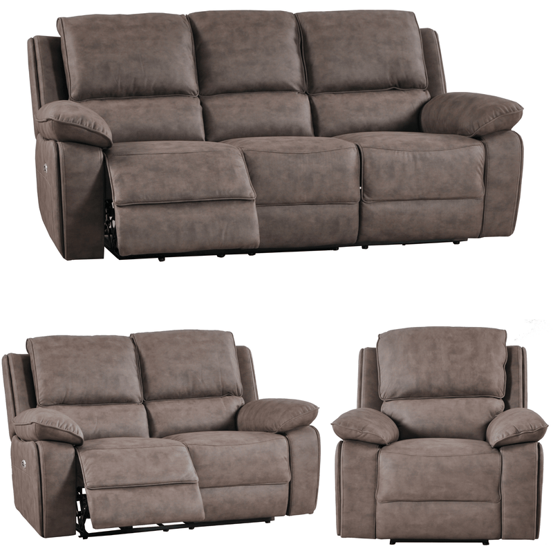 Brown reclining sofa set with two recliners on a white background