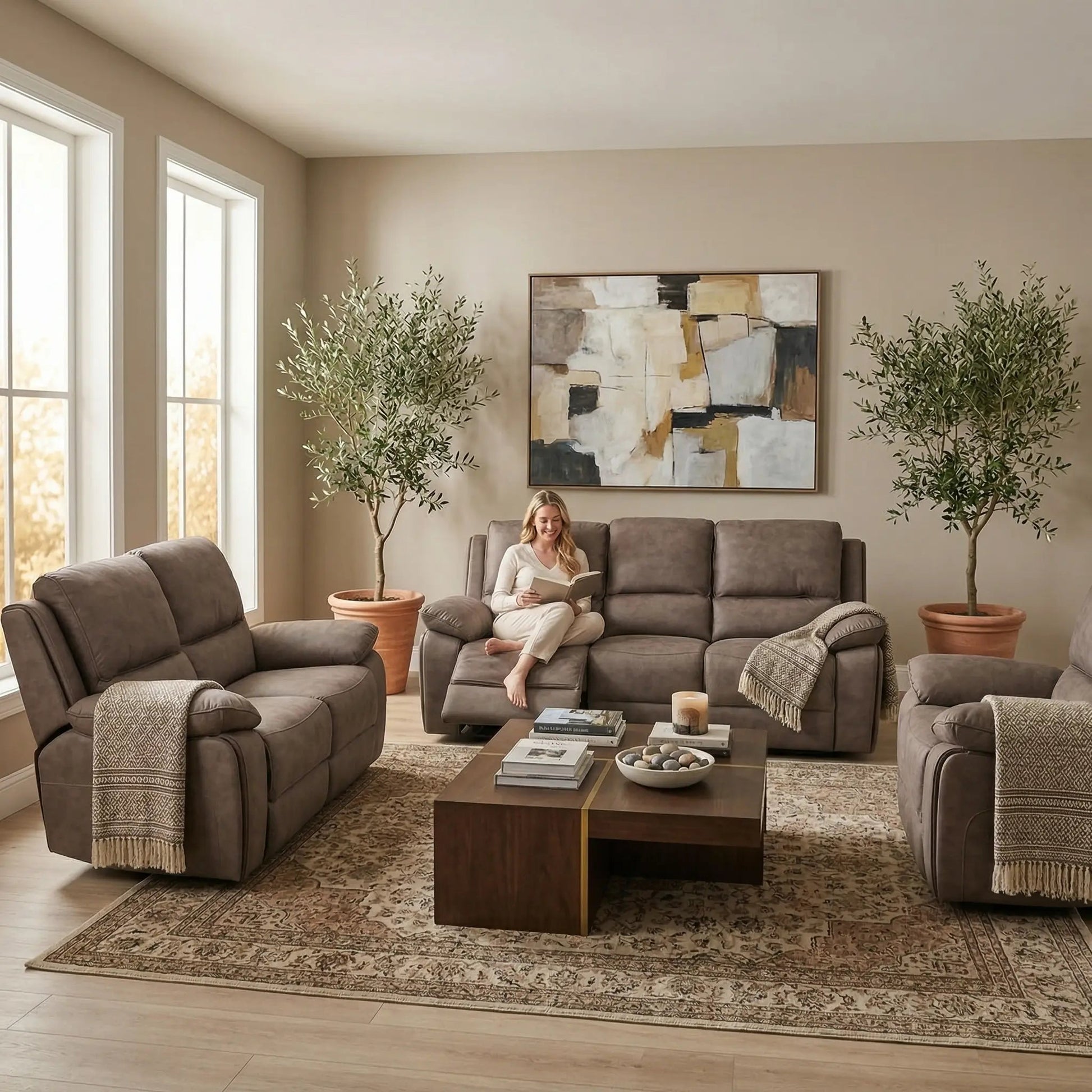 Maple Brown Suede Fabric Electric Recliner 3+2+1 Seater Sofa Set - Furniture Instore