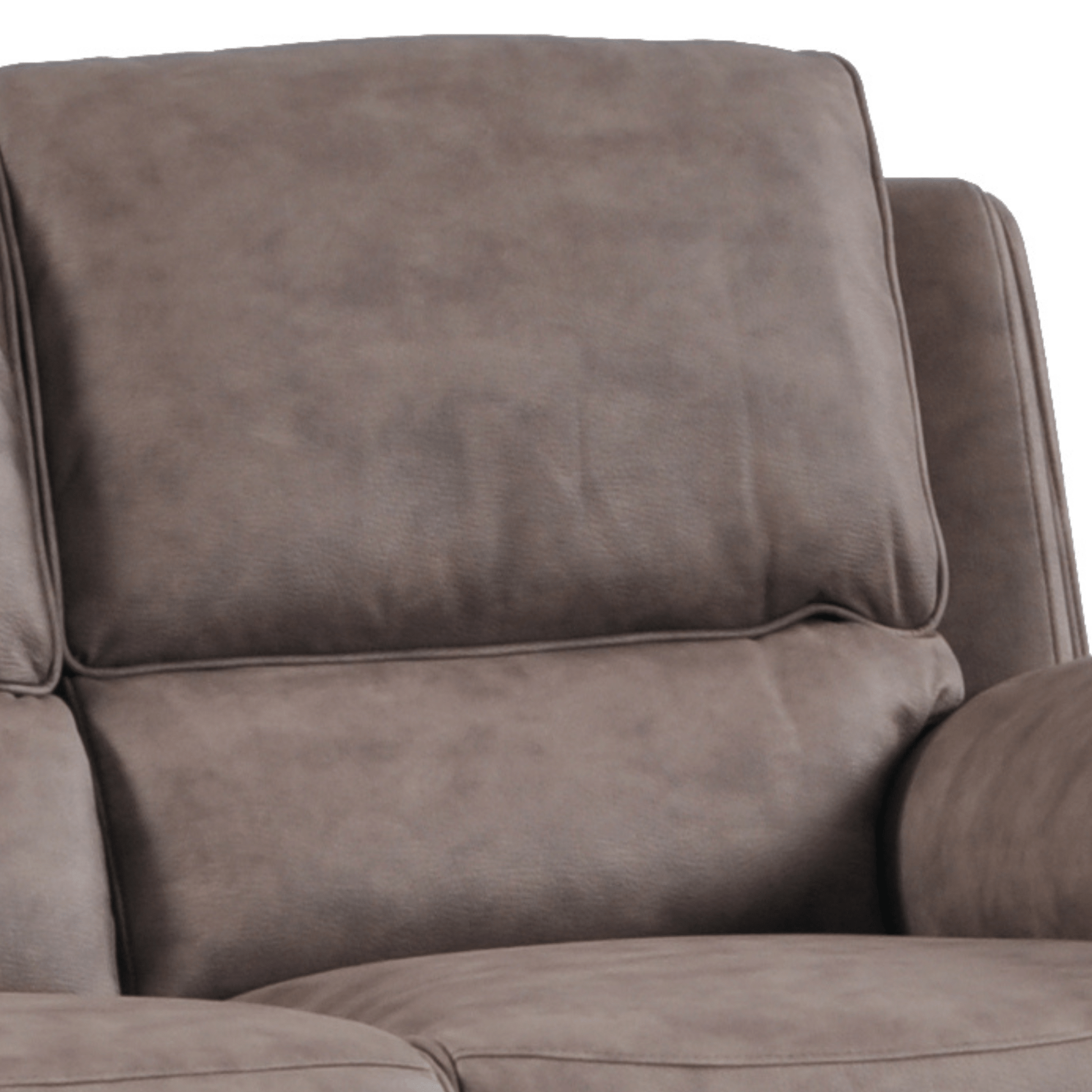 Close-up of a brown recliner chair with visible texture and stitching.