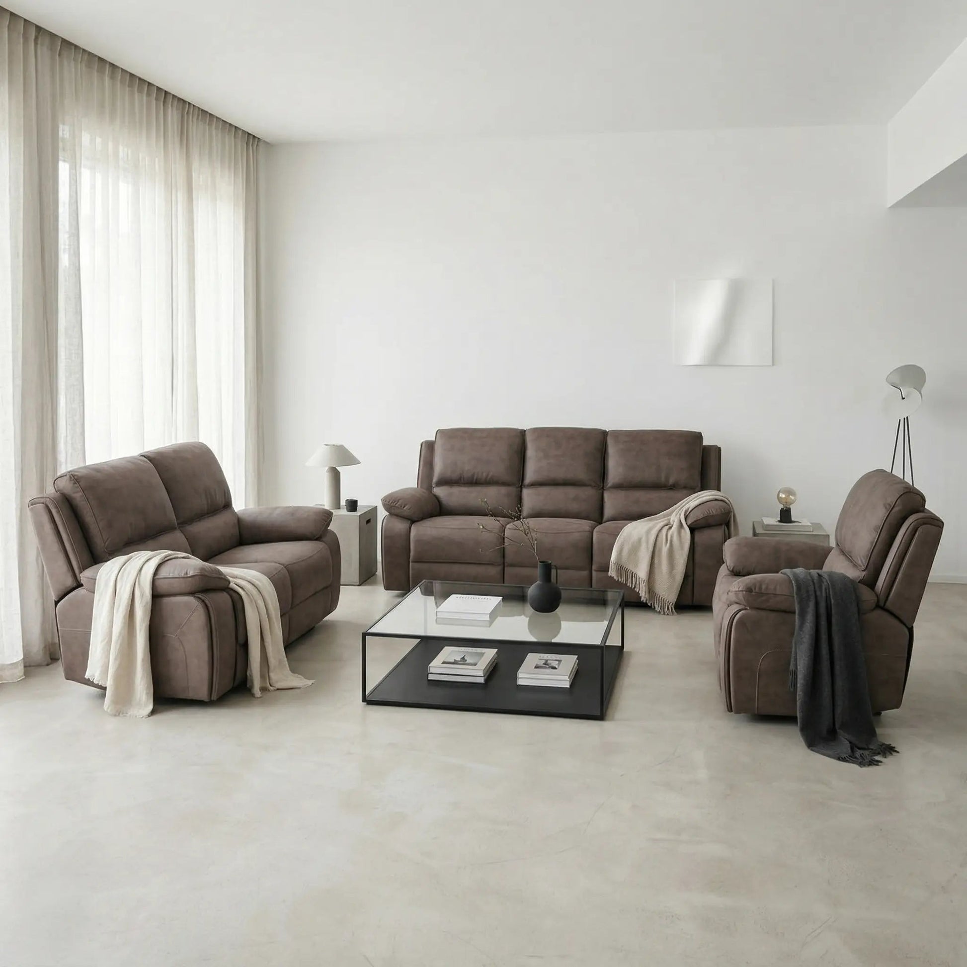 Maple Brown Suede Fabric Electric Recliner 3+2+1 Seater Sofa Set - Furniture Instore