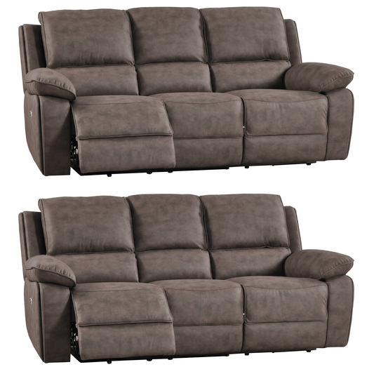 Two brown reclining sofas on a white background