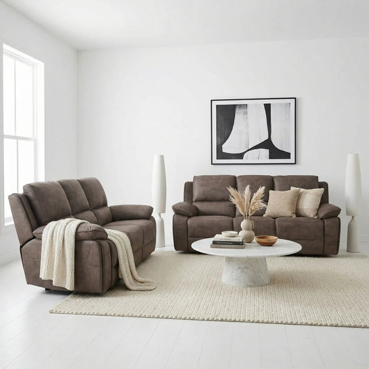 Maple Brown Suede Fabric Electric Recliner 3+3 Seater Sofa Set - Furniture Instore