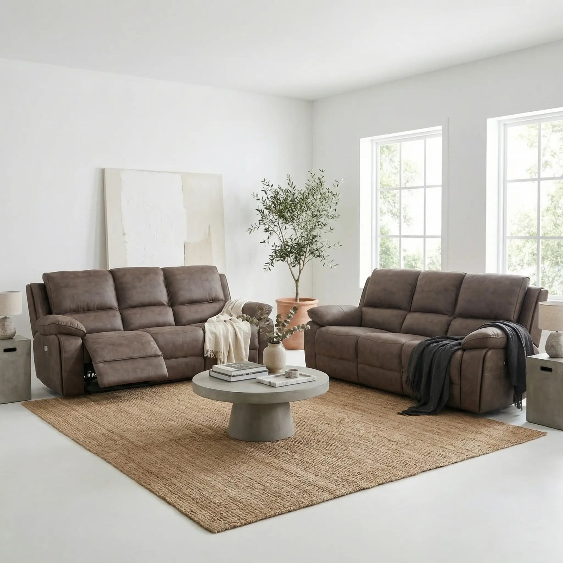 Maple Brown Suede Fabric Electric Recliner 3+3 Seater Sofa Set - Furniture Instore