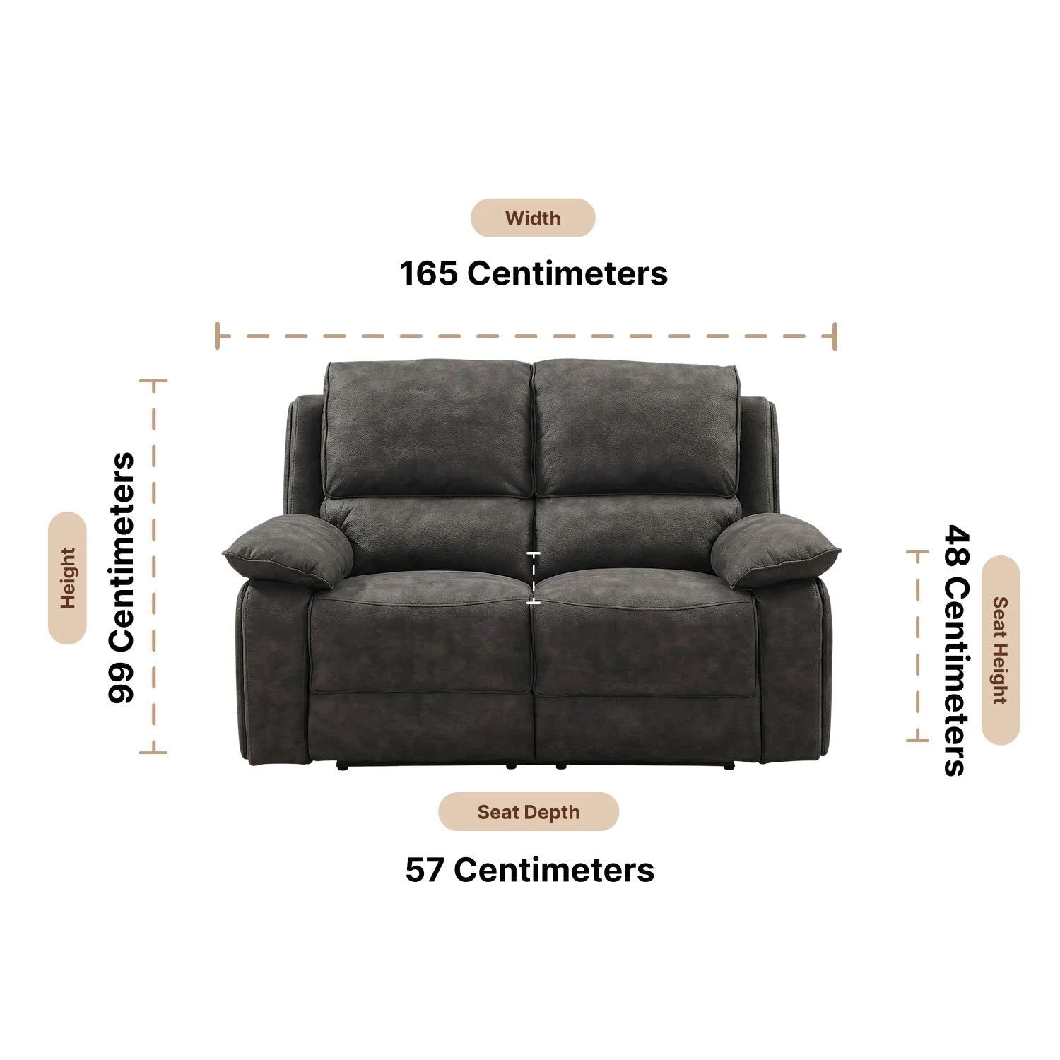 Maple Grey Suede Fabric Electric Recliner 2 Seater Sofa Dimensions