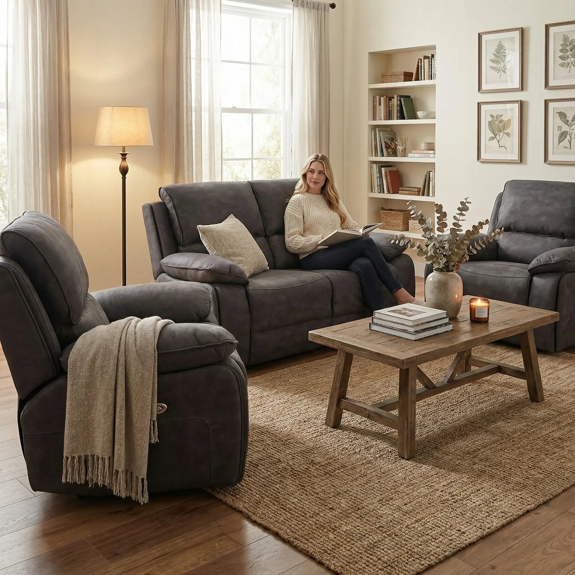 Maple Grey Suede Fabric Electric Recliner 2+1+1 Seater Sofa Set - Furniture Instore
