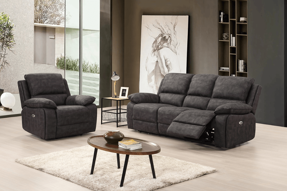 Maple Grey Suede Fabric Electric Recliner 3+1 Seater Sofa Set