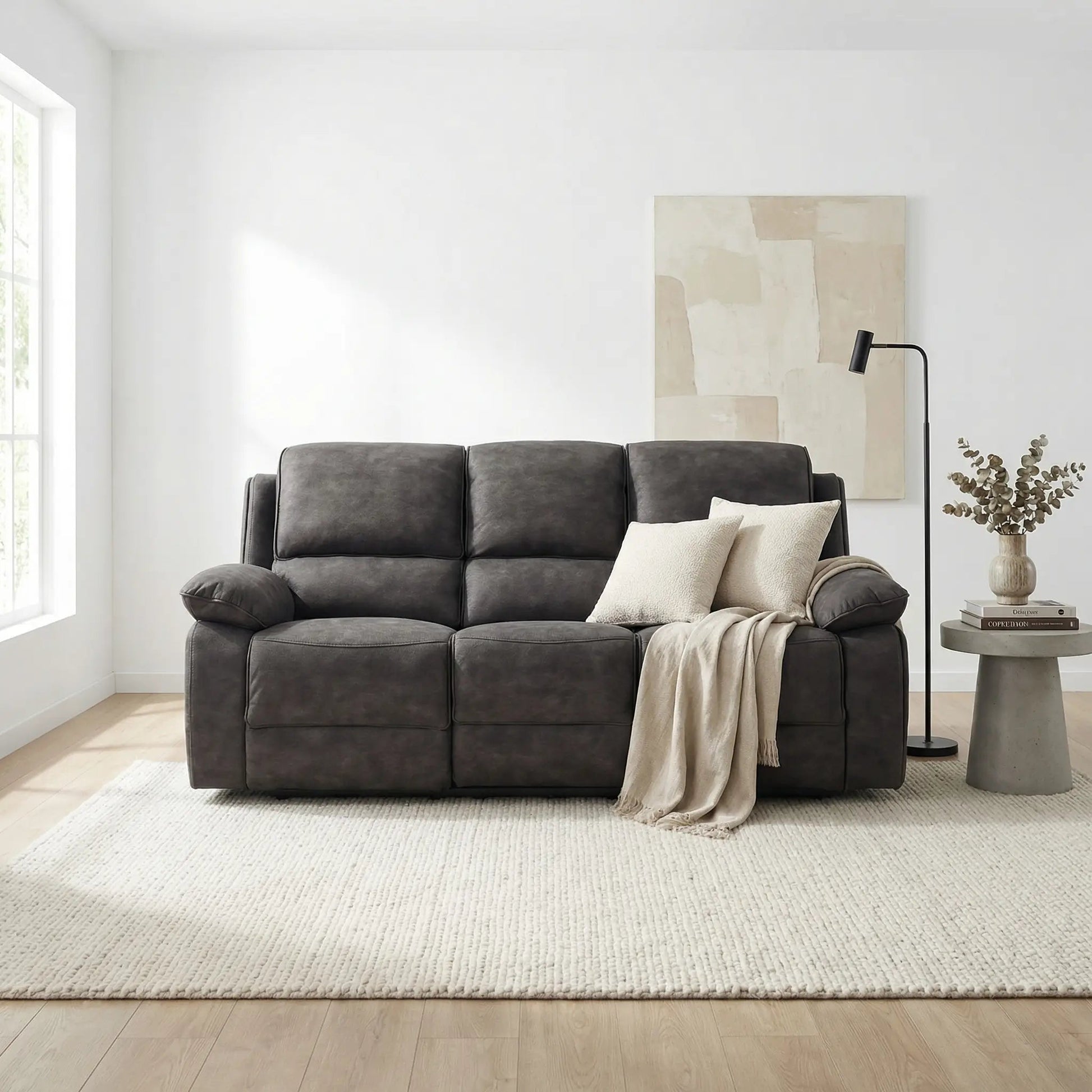 Maple Grey Suede Fabric Electric Recliner 3 Seater Sofa - Furniture Instore