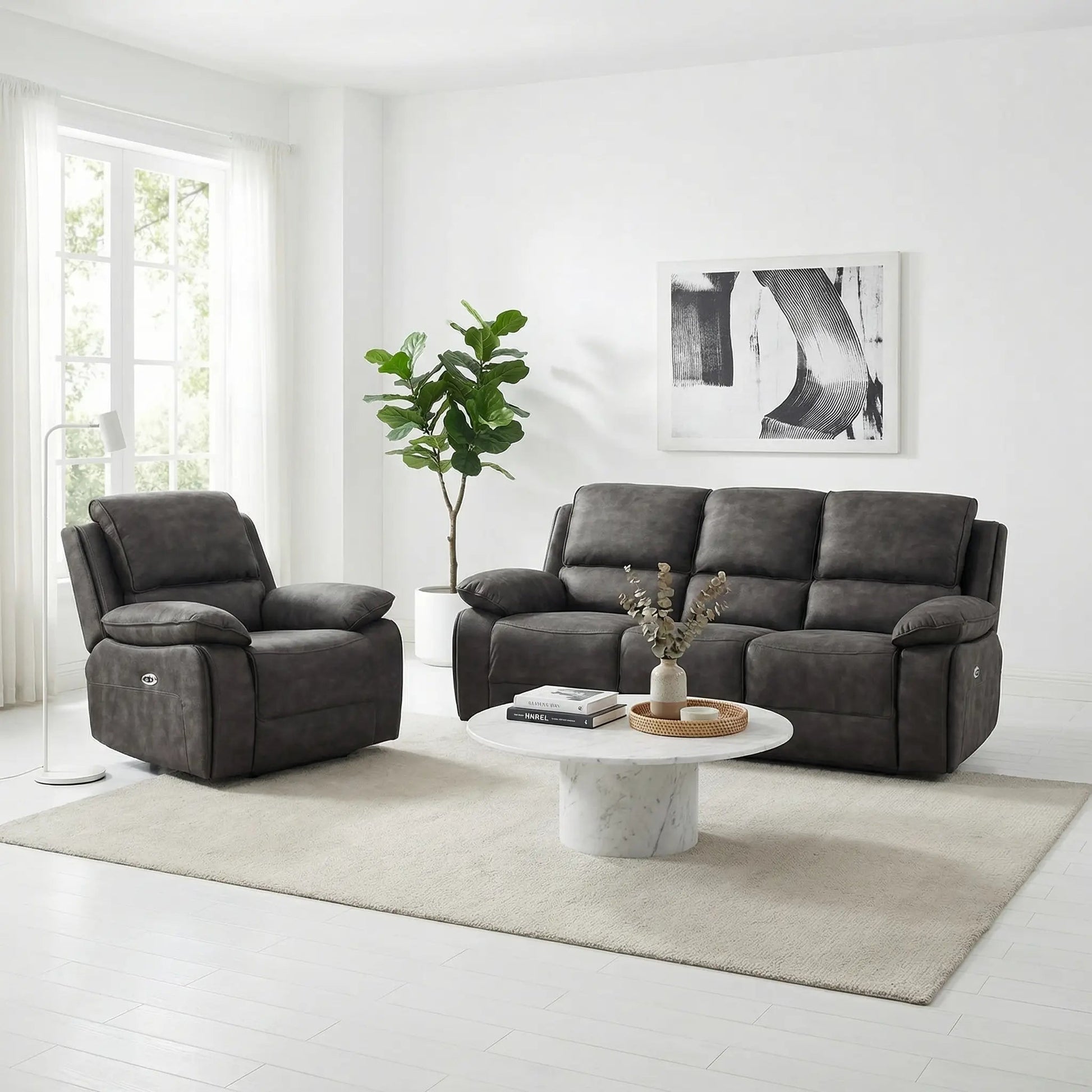 Maple Grey Suede Fabric Electric Recliner 3+1 Seater Sofa Set - Furniture Instore