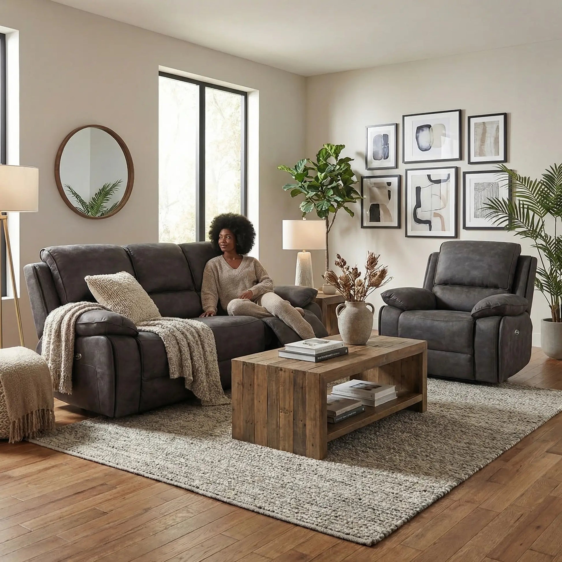 Maple Grey Suede Fabric Electric Recliner 3+1 Seater Sofa Set - Furniture Instore