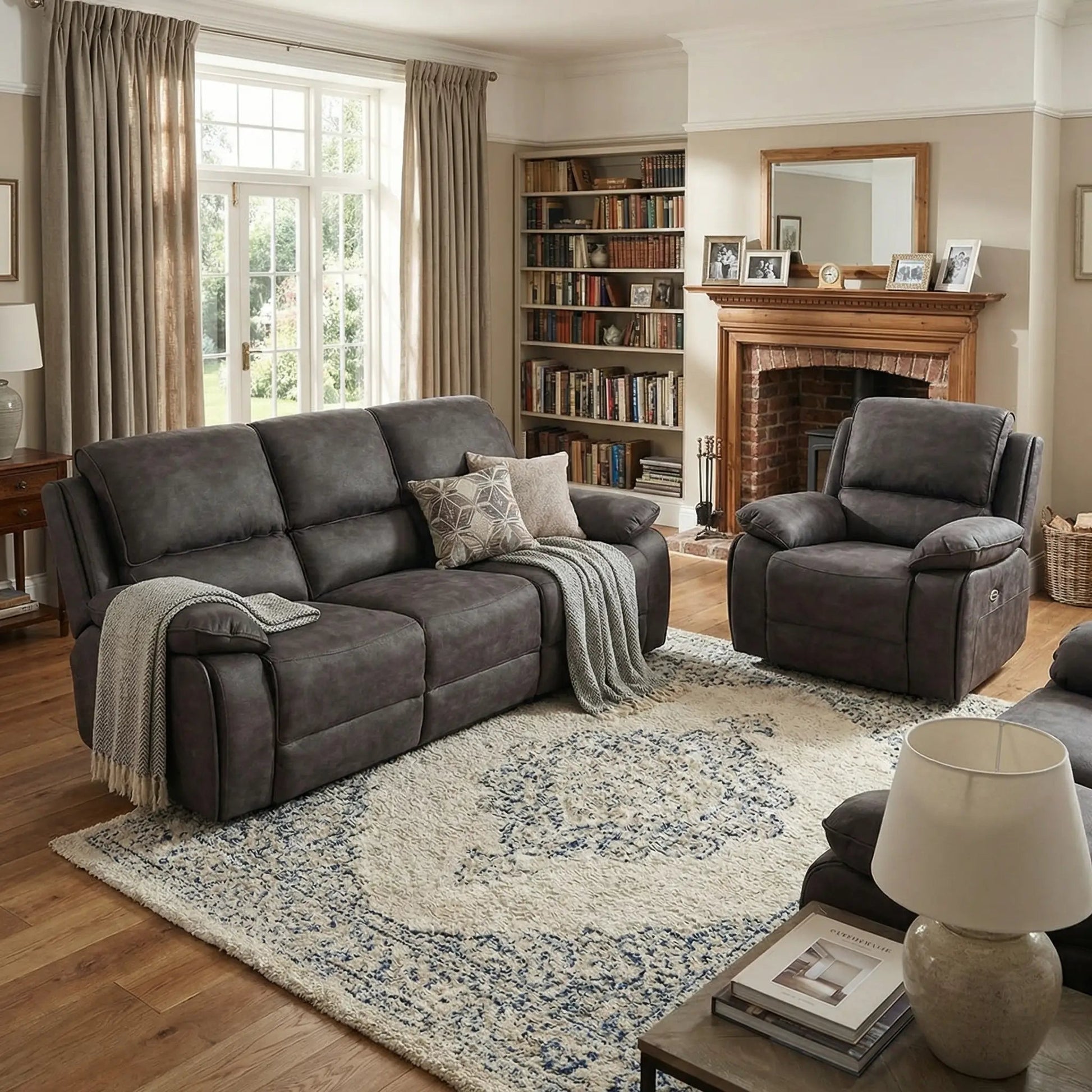 Maple Grey Suede Fabric Electric Recliner 3+1 Seater Sofa Set - Furniture Instore