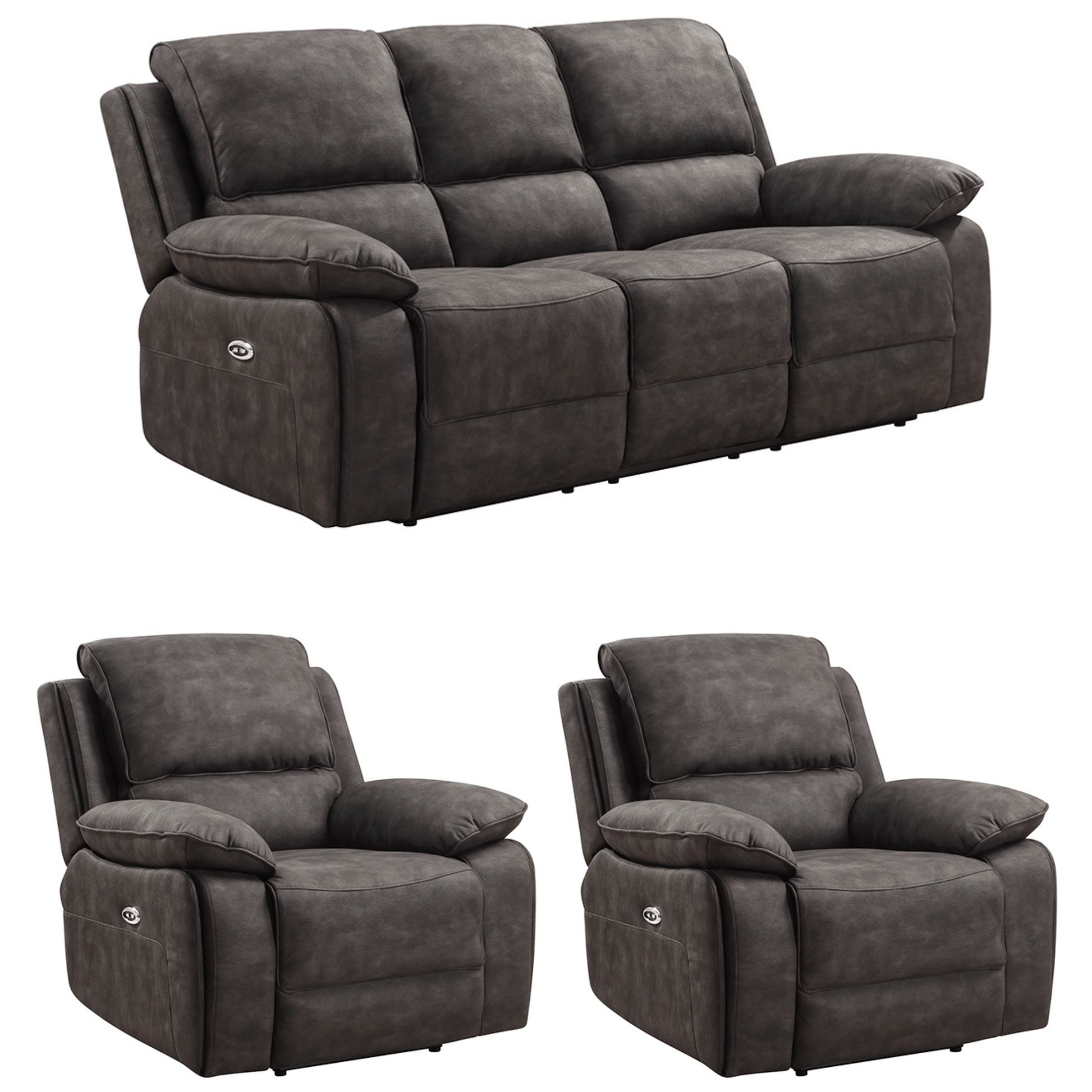 Gray recliner sofa set with two matching armchairs on a white background