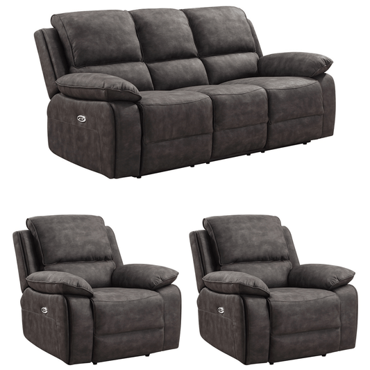 Gray recliner sofa set with two matching armchairs on a white background