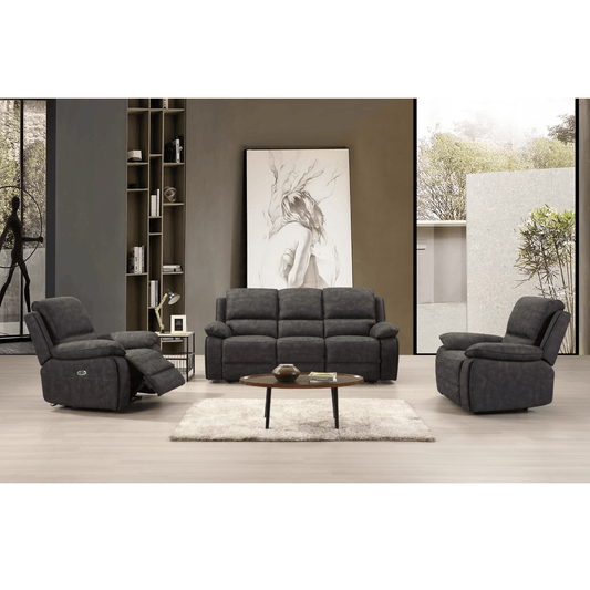 Gray sofa set in a modern living room with a bookshelf and artwork.
