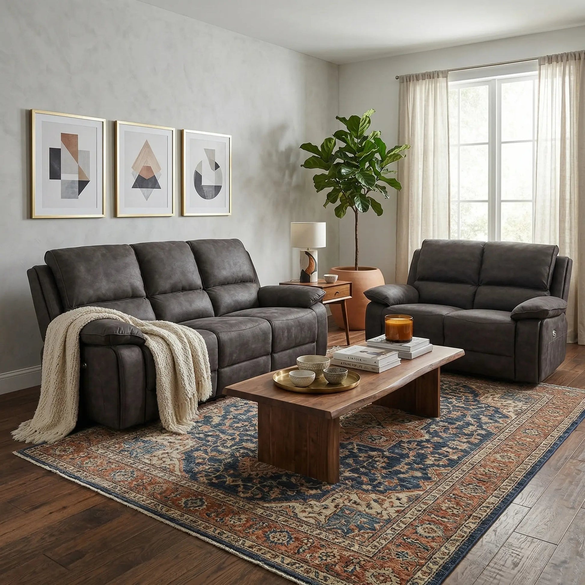 Maple Grey Suede Fabric Electric Recliner 3+2 Seater Sofa Set - Furniture Instore