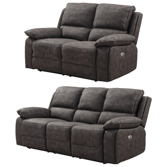 Two gray reclining sofas on a white background