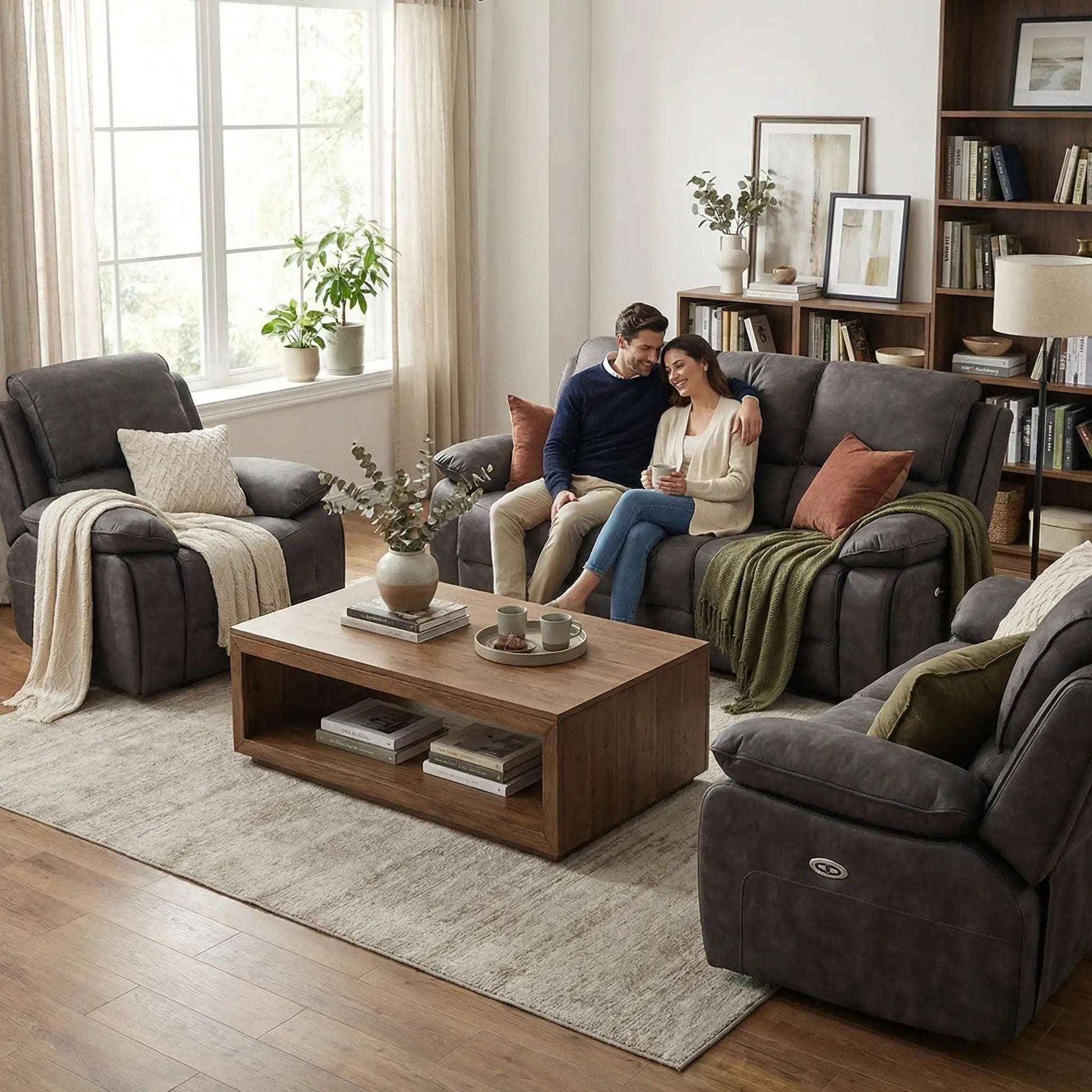 Maple Grey Suede Fabric Electric Recliner 3+2+1 Seater Sofa Set - Furniture Instore