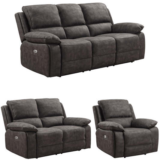 Gray reclining sofa set with two armchairs on a white background