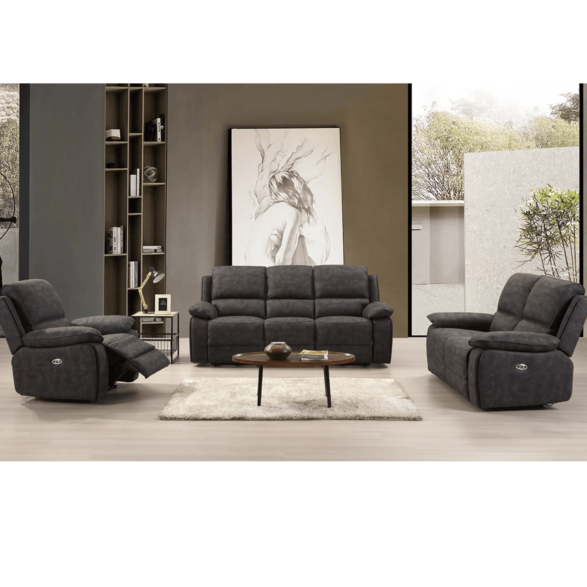 Gray sofa set with recliners in a living room setting