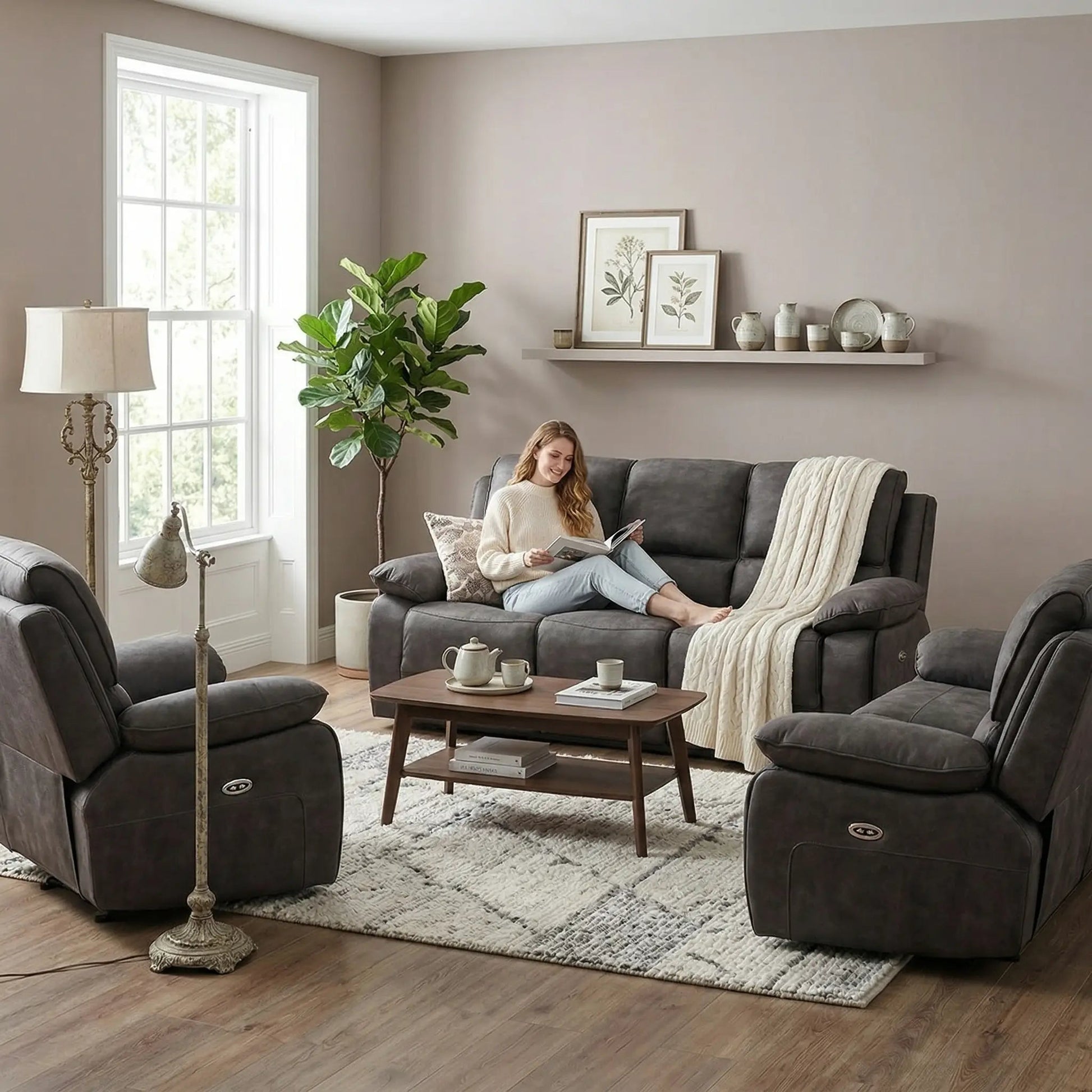 Maple Grey Suede Fabric Electric Recliner 3+2+1 Seater Sofa Set - Furniture Instore