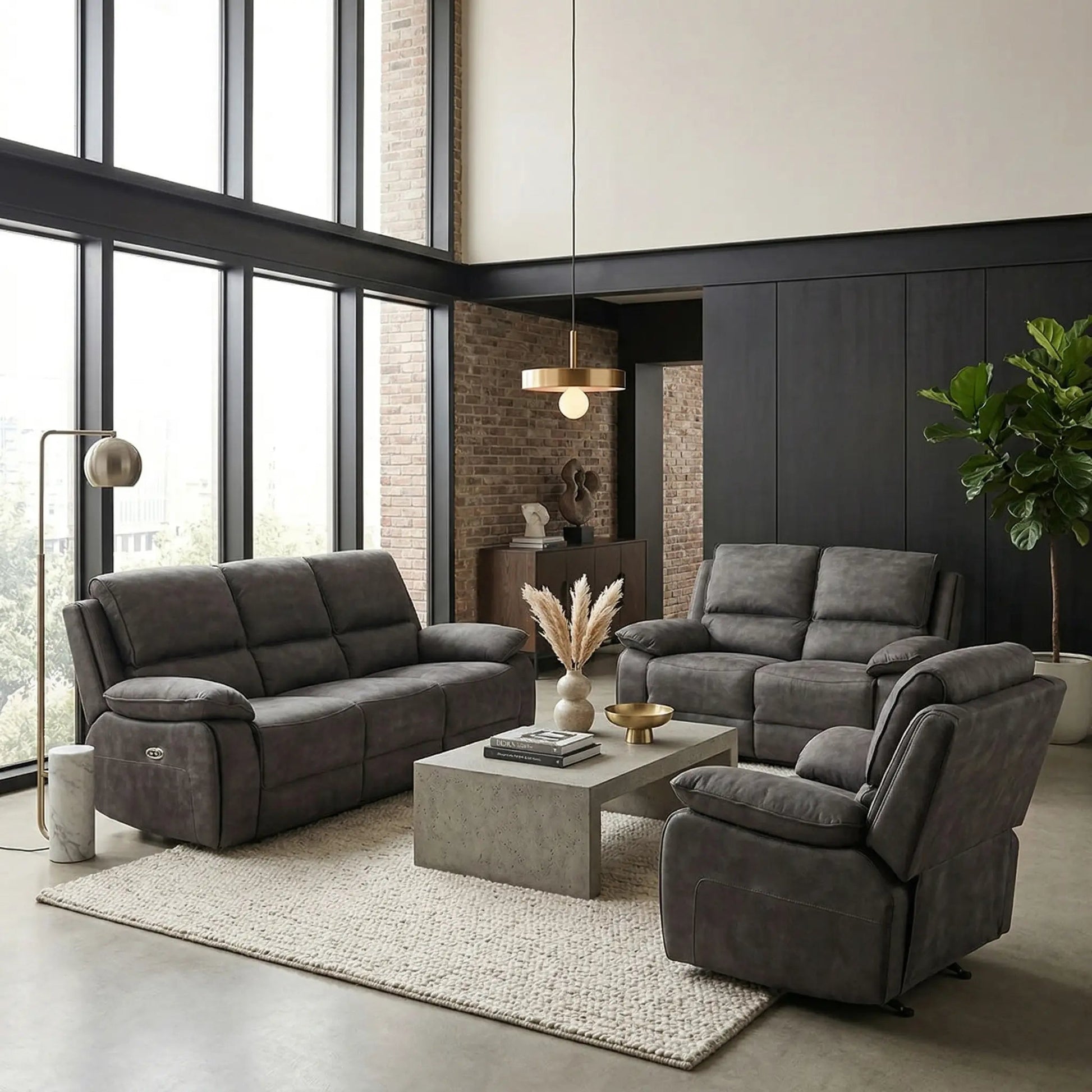 Maple Grey Suede Fabric Electric Recliner 3+2+1 Seater Sofa Set - Furniture Instore